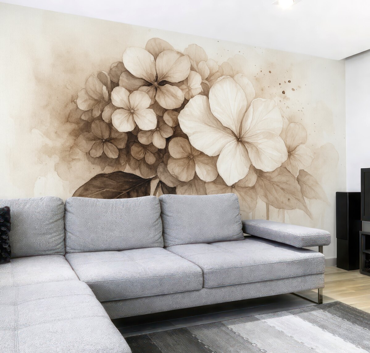 Fototapeta Obraz hortensji, technika akwareli, odcienie beżu.