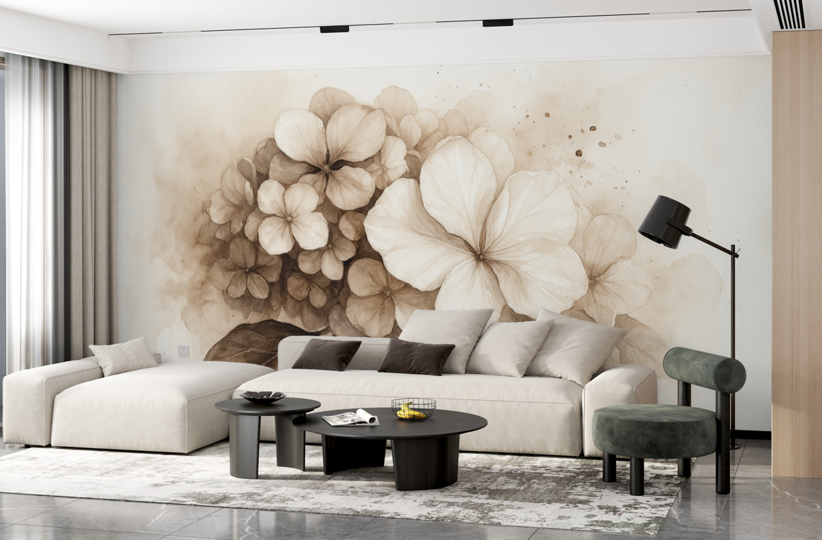 Fototapeta Obraz hortensji, technika akwareli, odcienie beżu.