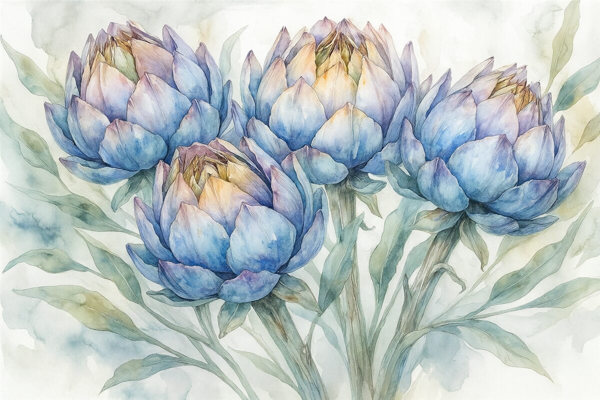 Fototapeta Ilustracja karczochów, technika akwareli, florystyczna, purpurowa, kremowa, zielona.