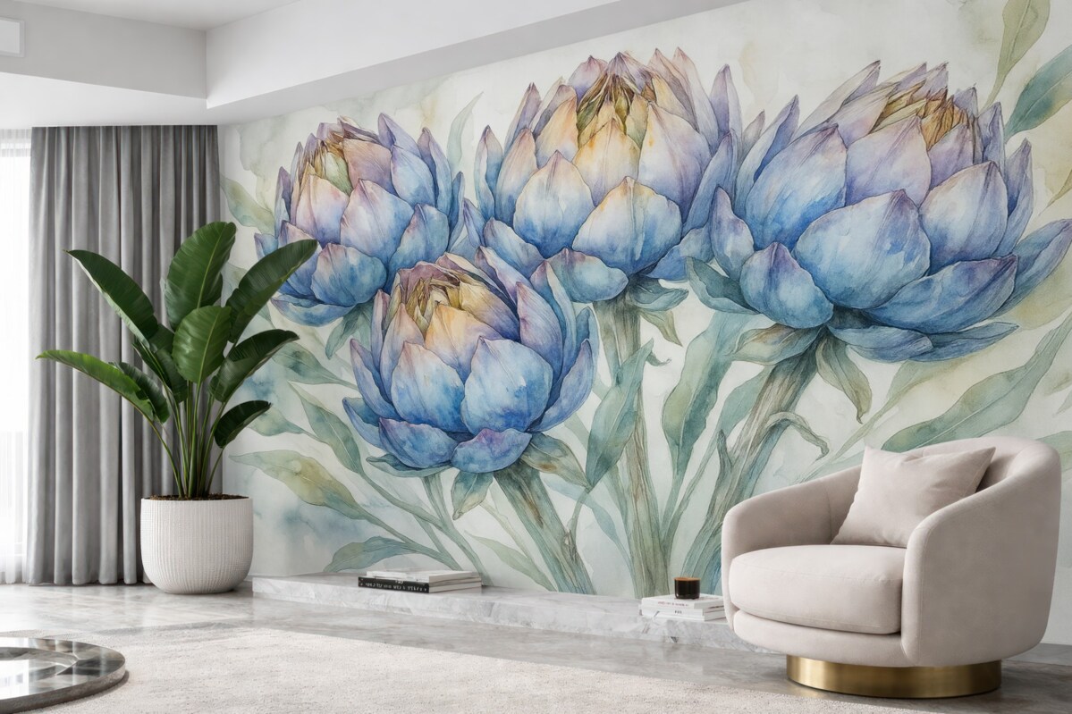 Fototapeta Ilustracja karczochów, technika akwareli, florystyczna, purpurowa, kremowa, zielona.