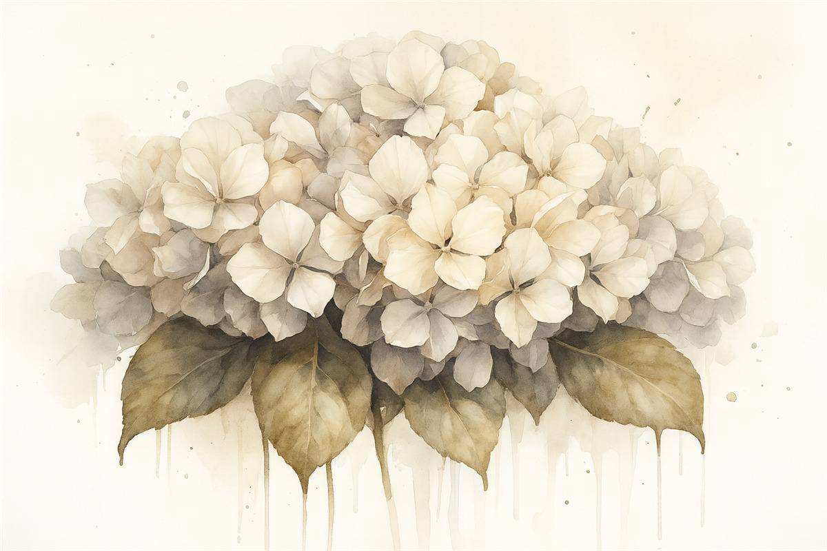 Fototapeta Akwarelowy obrazek kwiatu hortensji, w odcieniach beżu.