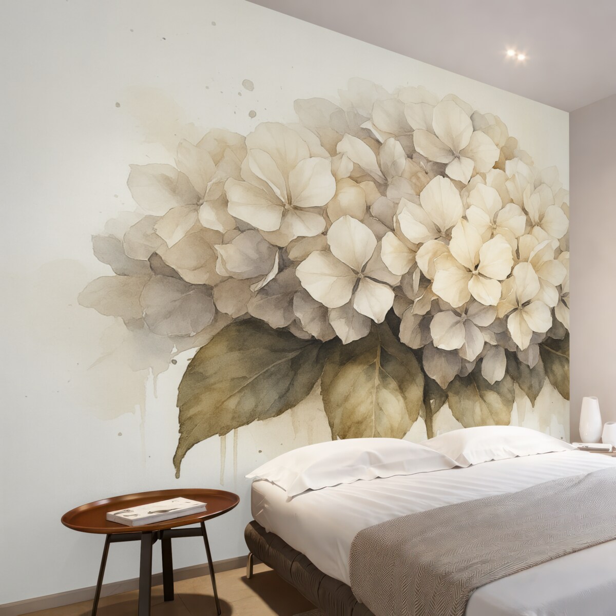 Fototapeta Akwarelowy obrazek kwiatu hortensji, w odcieniach beżu.