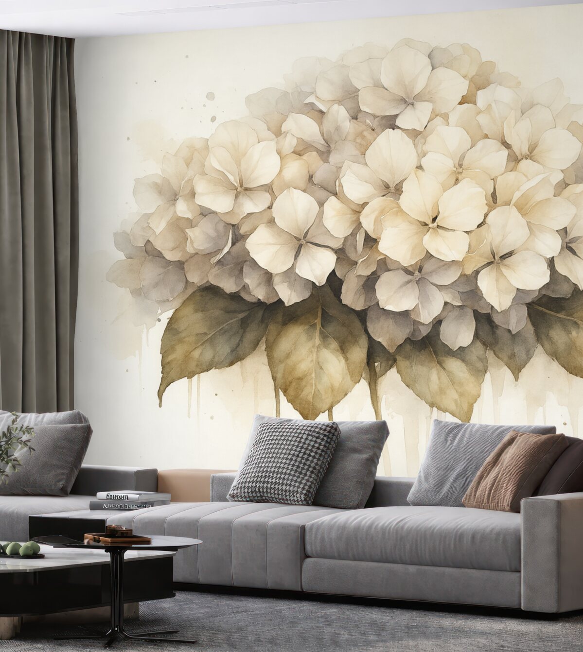 Fototapeta Akwarelowy obrazek kwiatu hortensji, w odcieniach beżu.