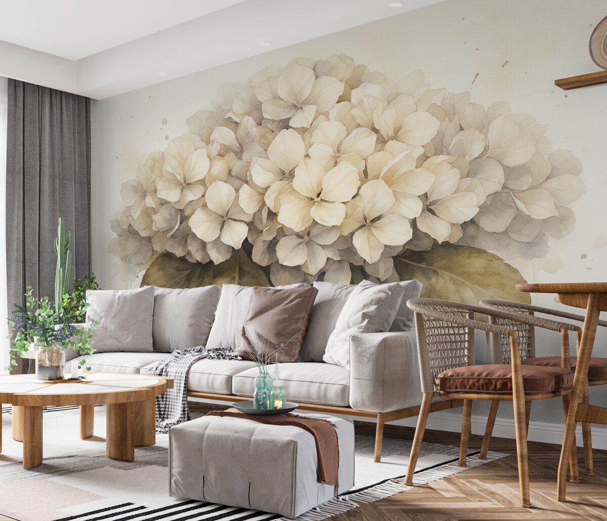 Fototapeta Akwarelowy obrazek kwiatu hortensji, w odcieniach beżu.