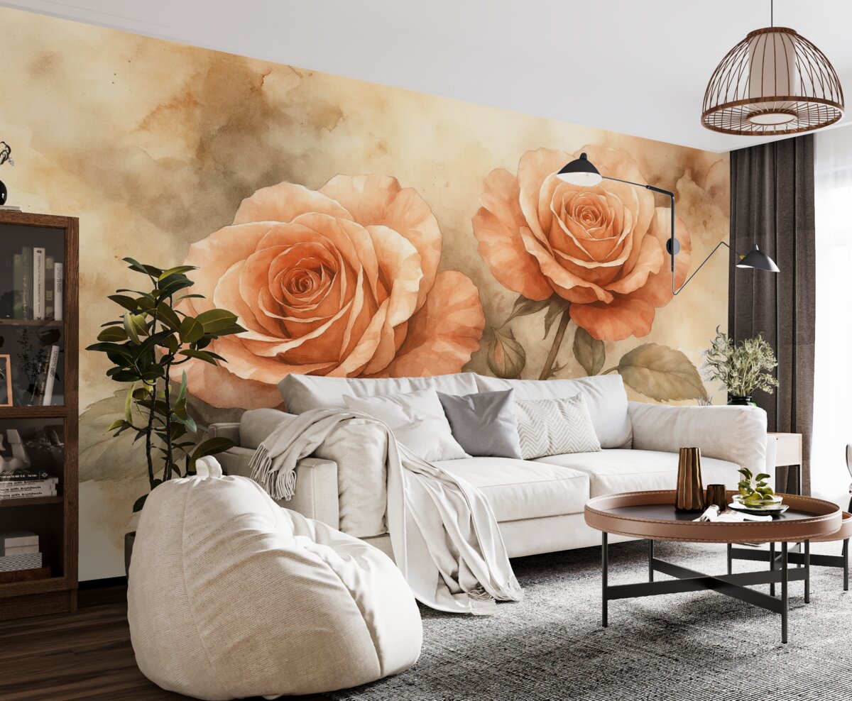 Fototapeta Cudowne czerwone róże w technice akwareli, florystyczne, jasne barwy.