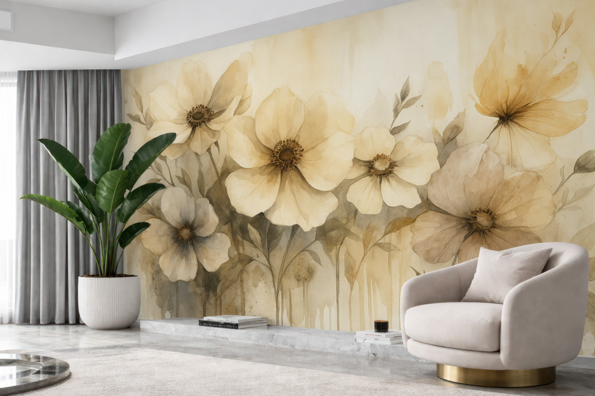 Fototapeta Kwiaty w rustykalnym stylu, grafika w technice akwareli, odcienie beżu.