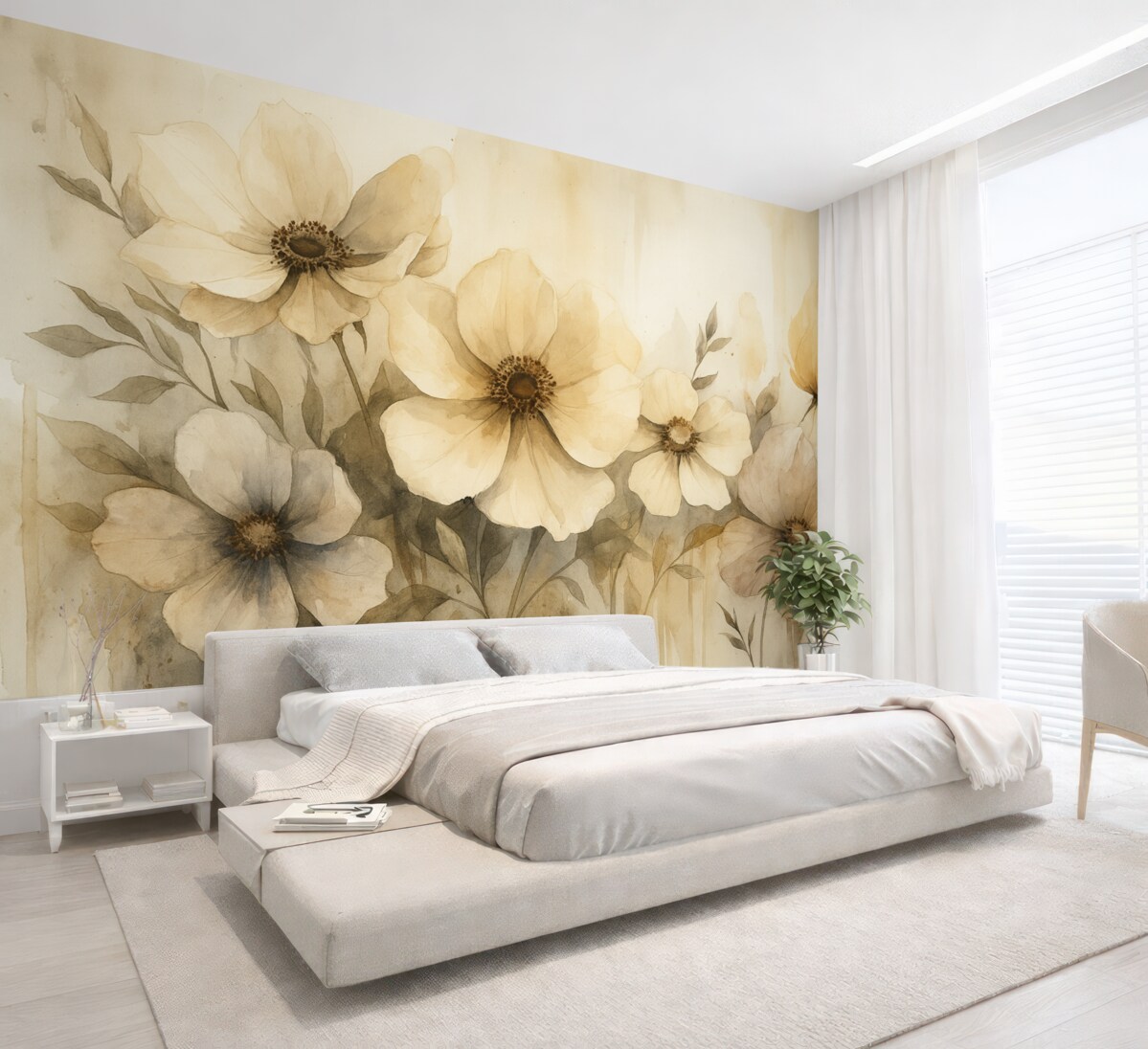 Fototapeta Kwiaty w rustykalnym stylu, grafika w technice akwareli, odcienie beżu.