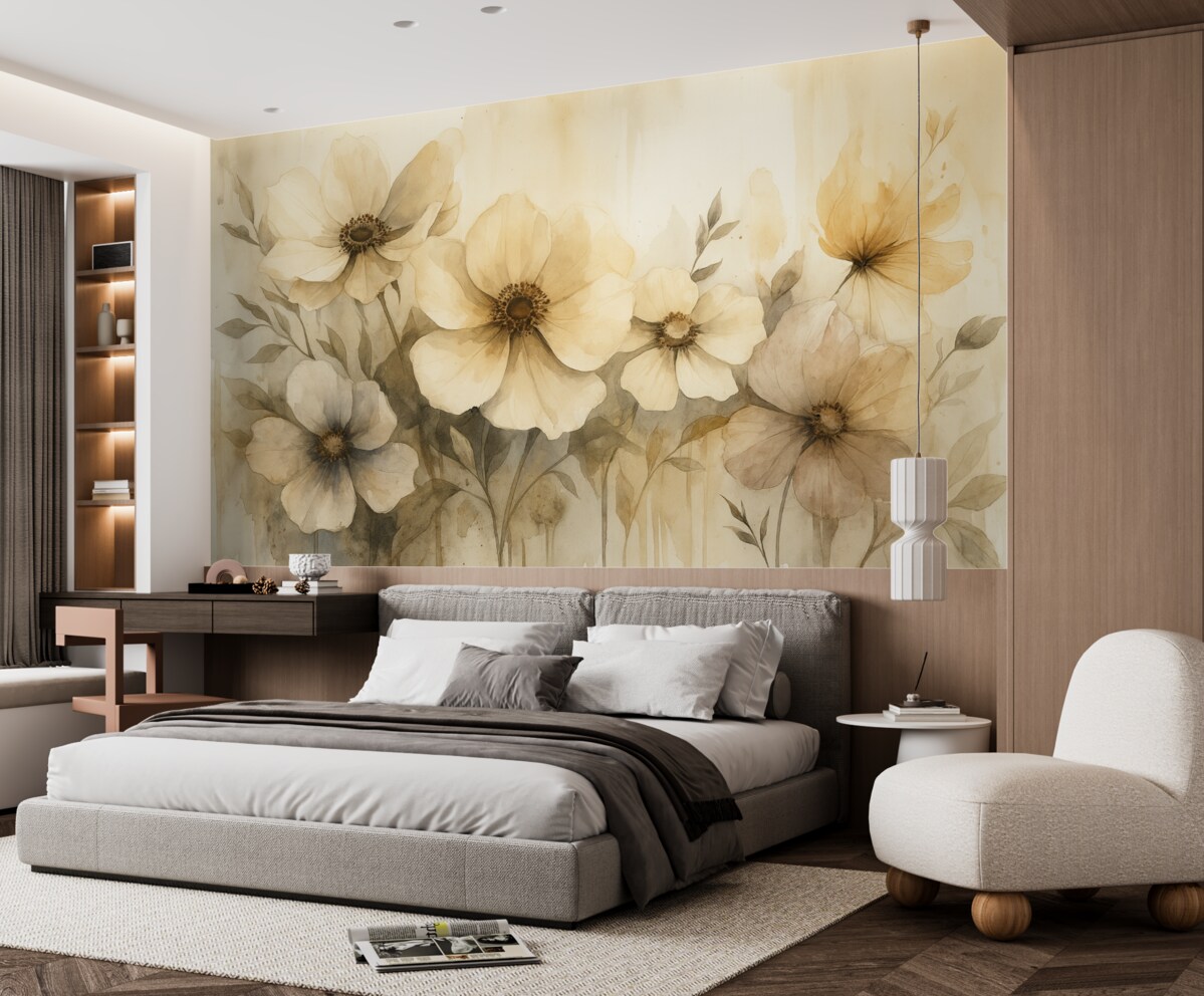 Fototapeta Kwiaty w rustykalnym stylu, grafika w technice akwareli, odcienie beżu.