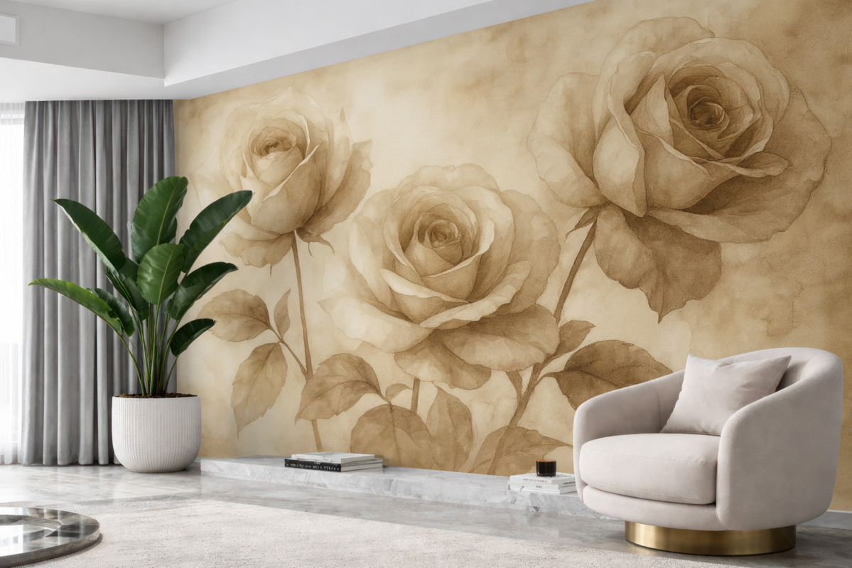 Fototapeta Beżowe róże, kwiaty, delikatny akwarelowy rysunek, rustykalny, boho.