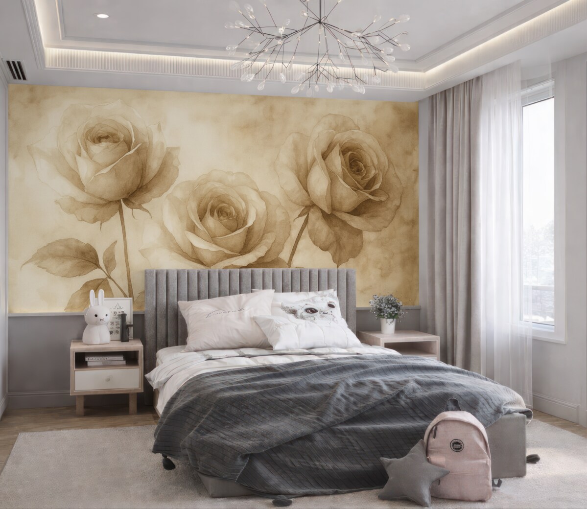 Fototapeta Beżowe róże, kwiaty, delikatny akwarelowy rysunek, rustykalny, boho.