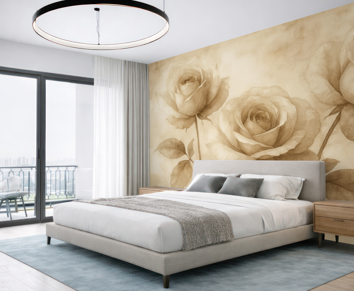 Fototapeta Beżowe róże, kwiaty, delikatny akwarelowy rysunek, rustykalny, boho.