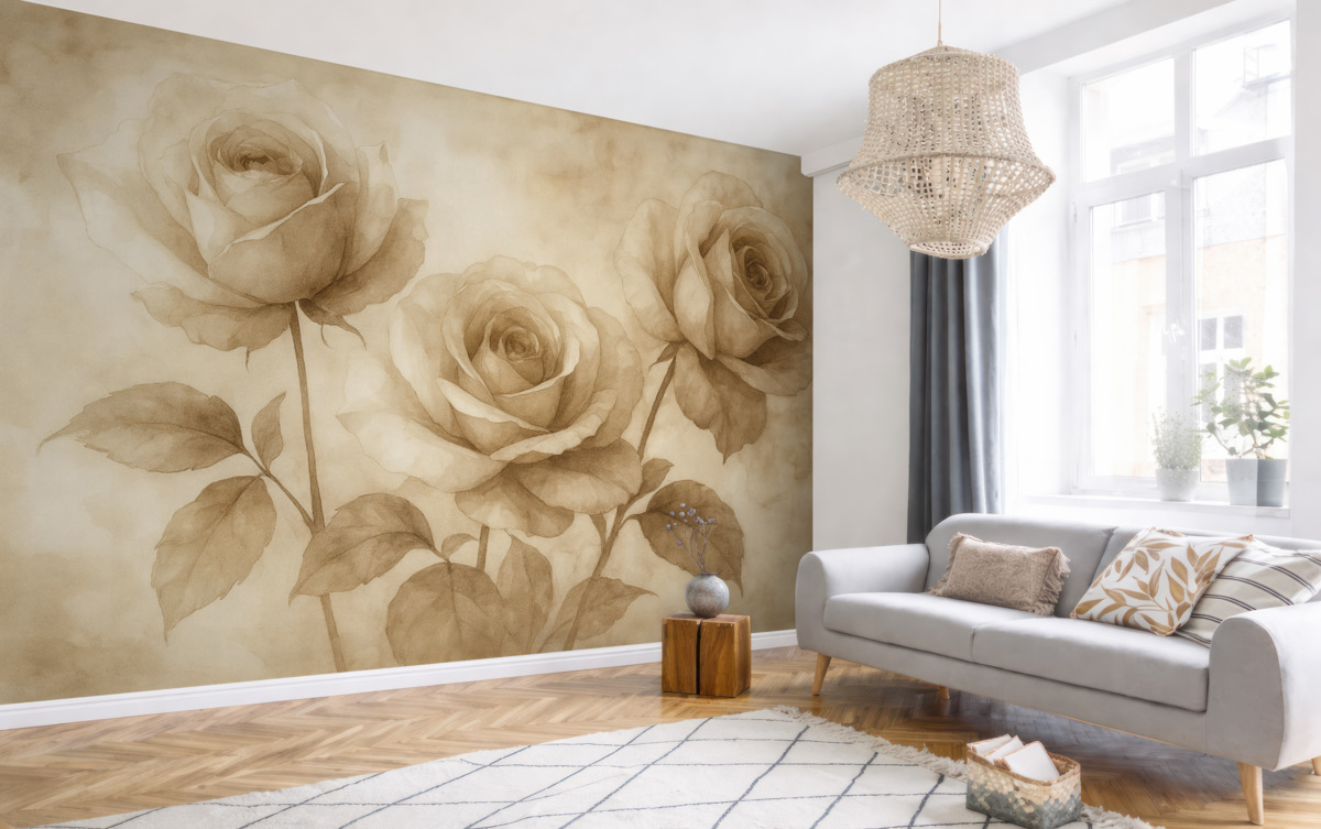 Fototapeta Beżowe róże, kwiaty, delikatny akwarelowy rysunek, rustykalny, boho.