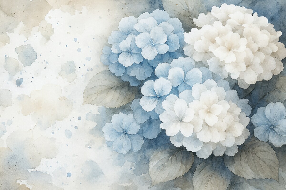 Fototapeta Rysunek akwarelowy kwiatów hortensji z liśćmi, subtelne naturalne odcienie.