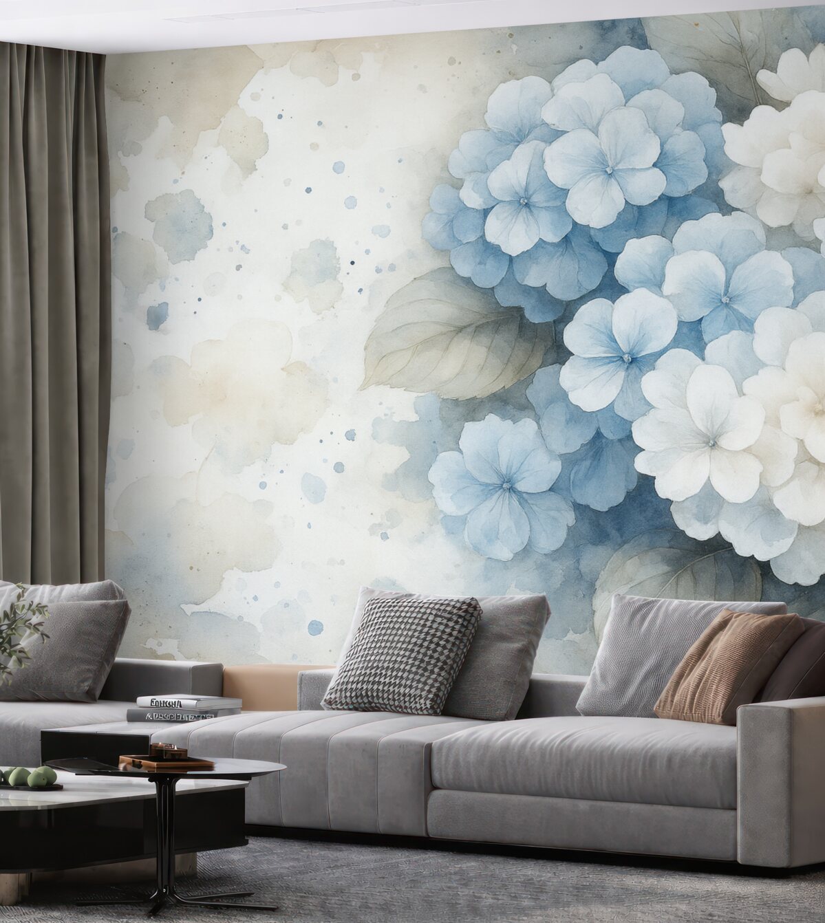 Fototapeta Rysunek akwarelowy kwiatów hortensji z liśćmi, subtelne naturalne odcienie.