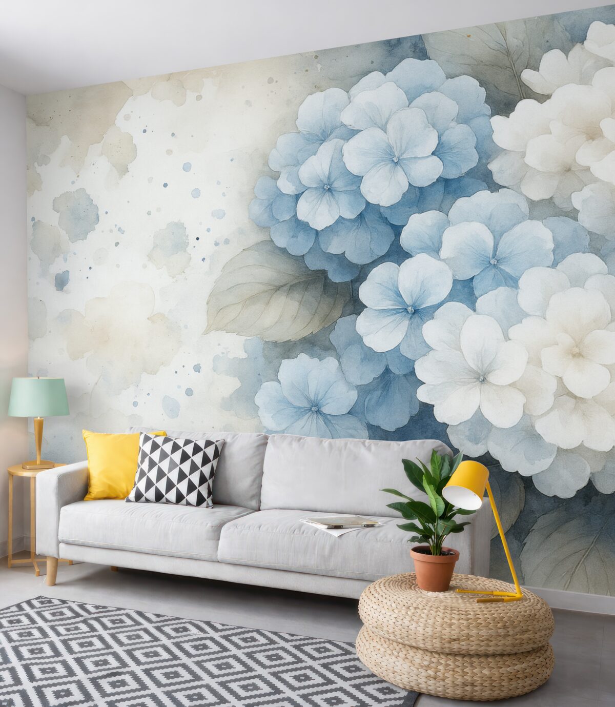 Fototapeta Rysunek akwarelowy kwiatów hortensji z liśćmi, subtelne naturalne odcienie.