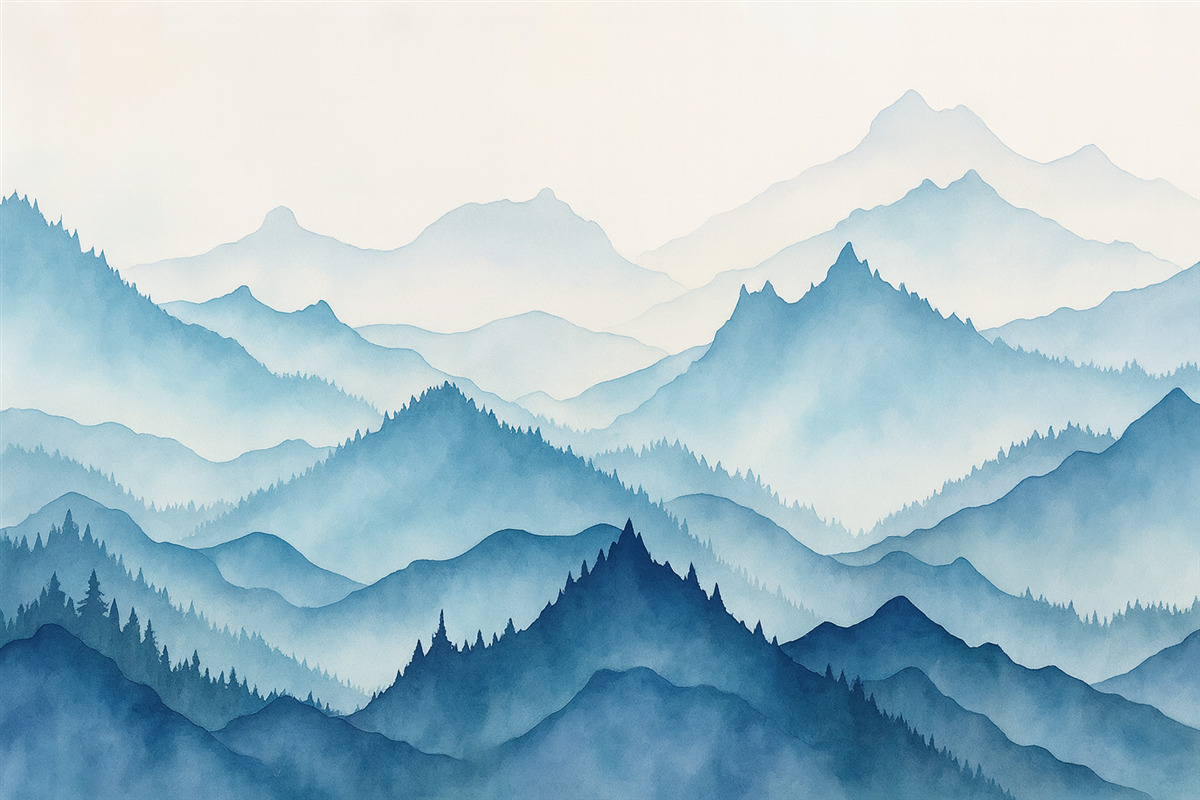 Fototapeta Góry przypominające błękitne tonacje akwareli.