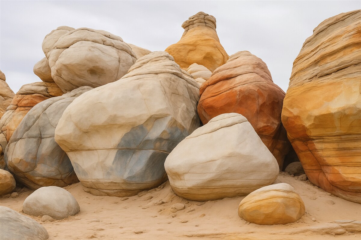 Fototapeta Wielkie kamienie na piasku przypominające akwarelę.