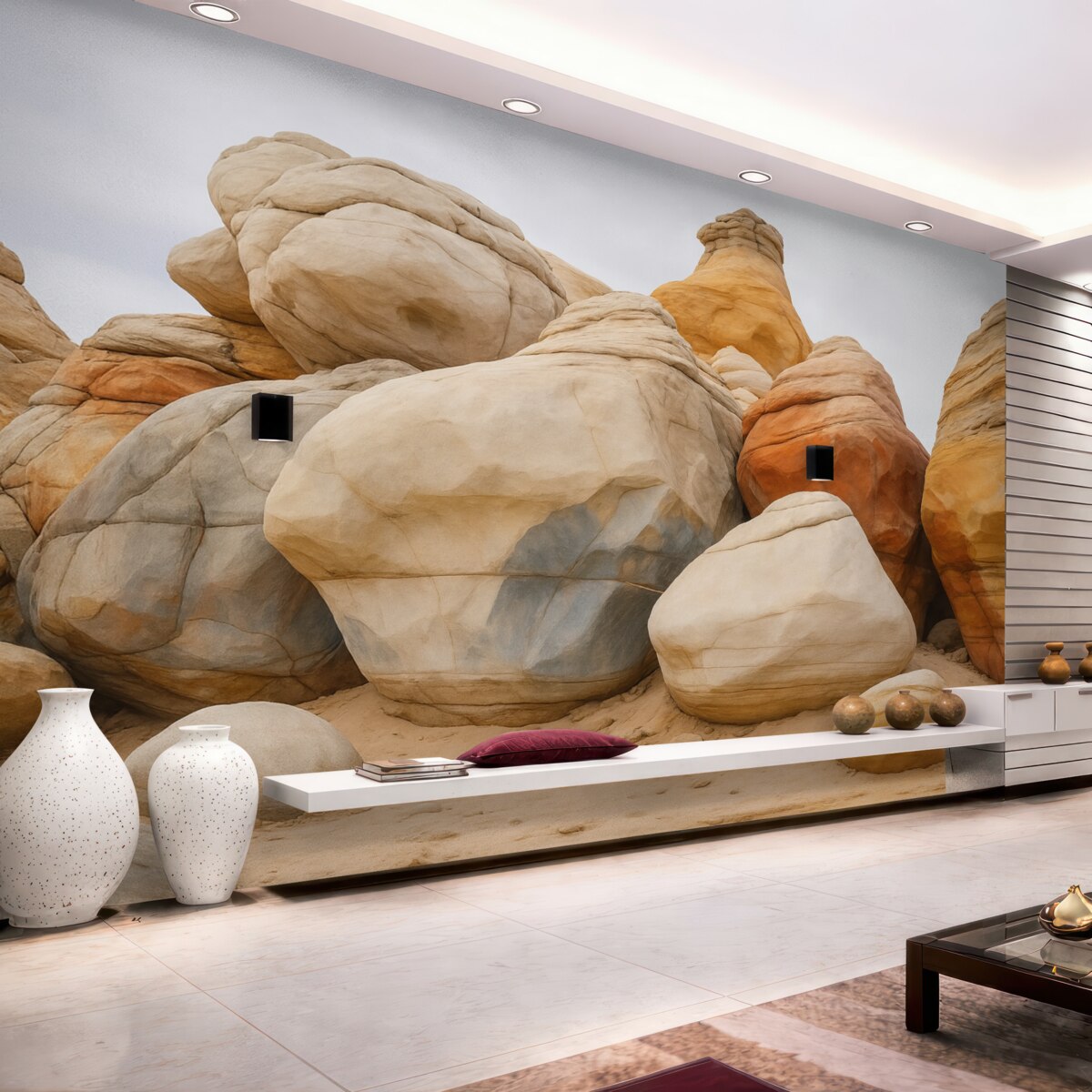 Fototapeta Wielkie kamienie na piasku przypominające akwarelę.