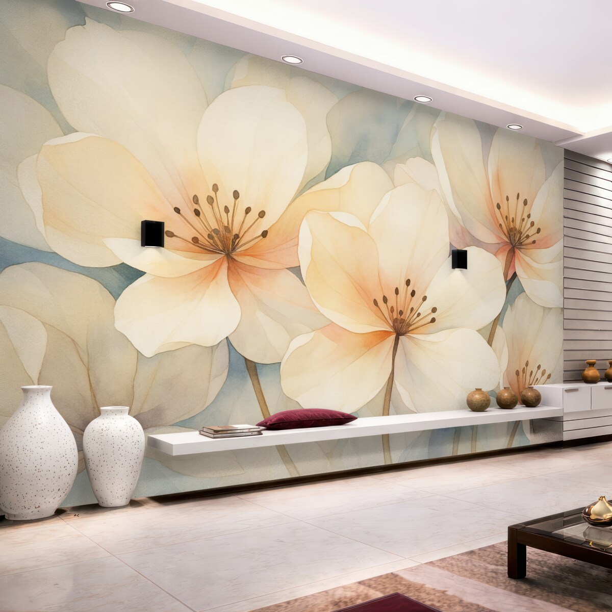 Fototapeta Kwiaty o dużych płatkach naśladujące akwarelę.