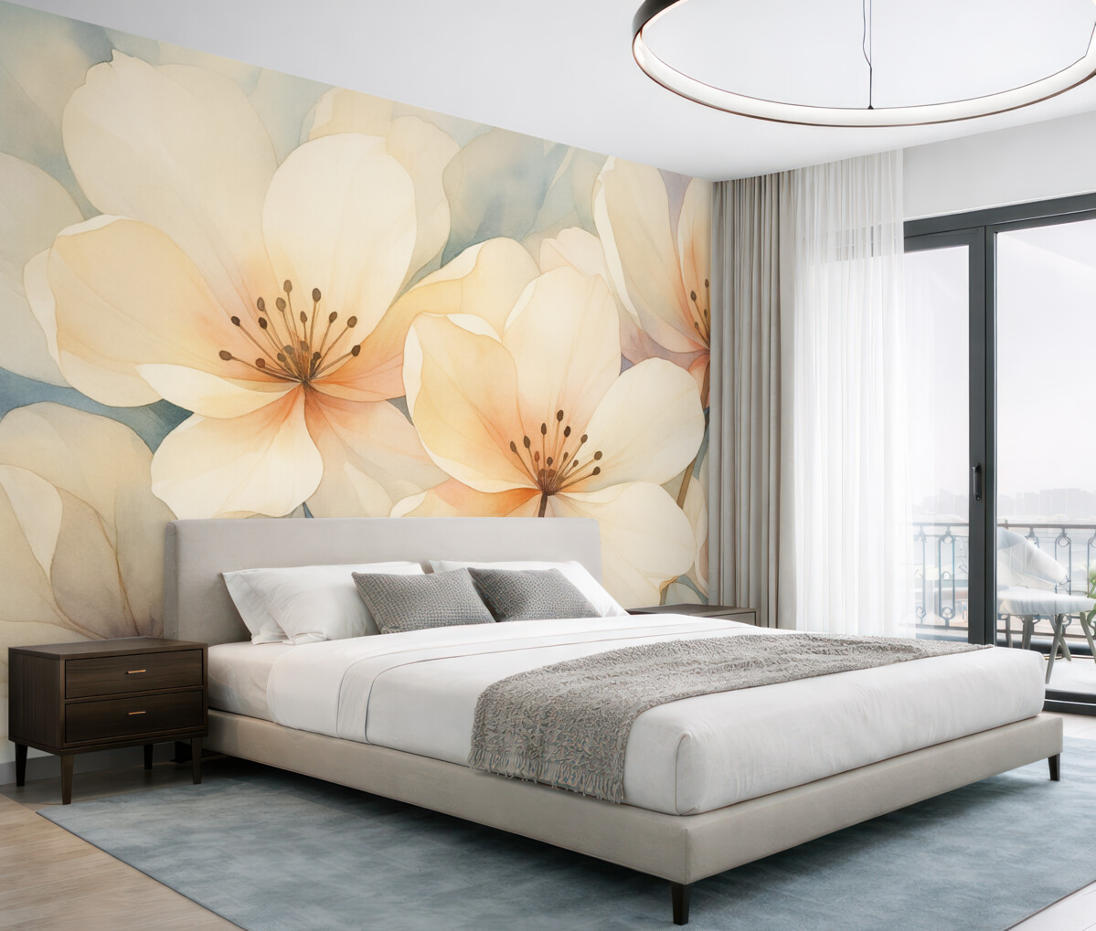 Fototapeta Kwiaty o dużych płatkach naśladujące akwarelę.