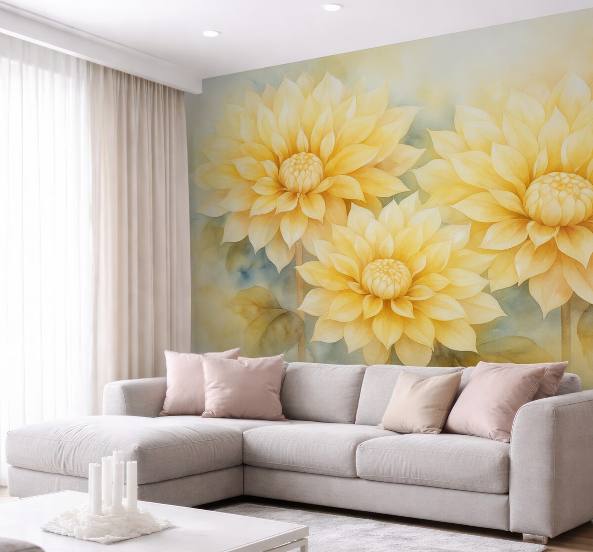 Fototapeta Żółte chryzantemy przypominające akwarelę.