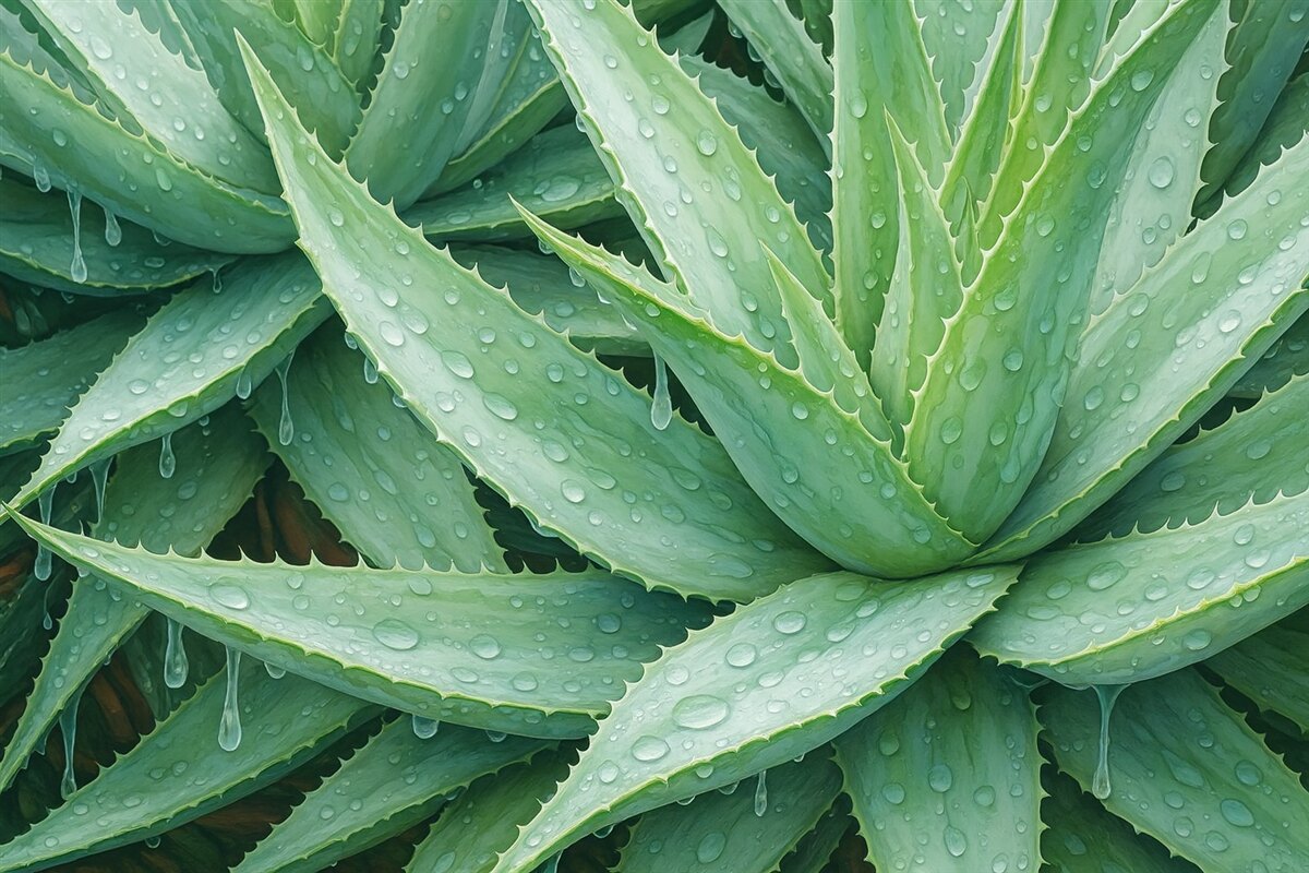Fototapeta Krople rosy na akwareli naśladującej aloes.