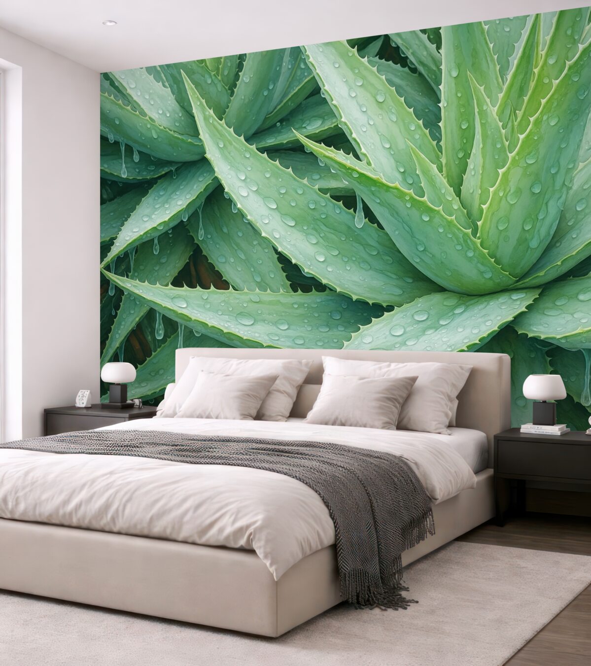 Fototapeta Krople rosy na akwareli naśladującej aloes.