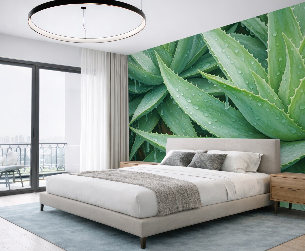 Fototapeta Krople rosy na akwareli naśladującej aloes.