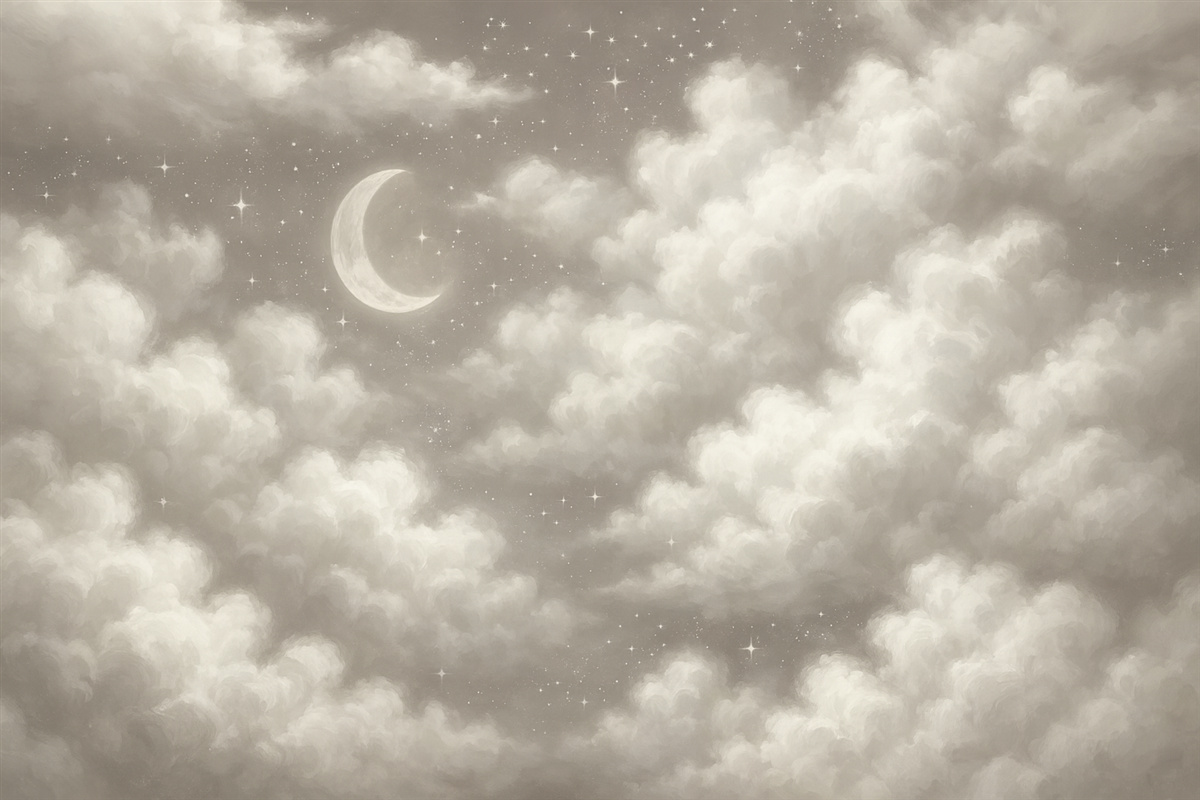 Fototapeta Nocne niebo z miesiącem i chmurami, marzycielskie, eterealne, subtelne beżowe odcienie.