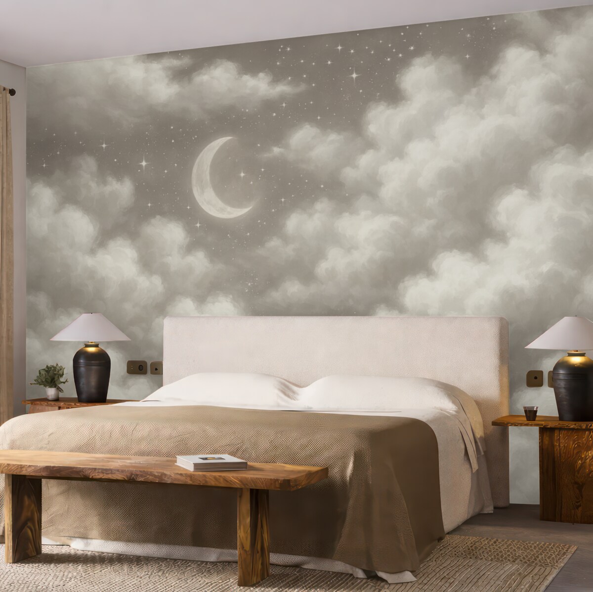 Fototapeta Nocne niebo z miesiącem i chmurami, marzycielskie, eterealne, subtelne beżowe odcienie.