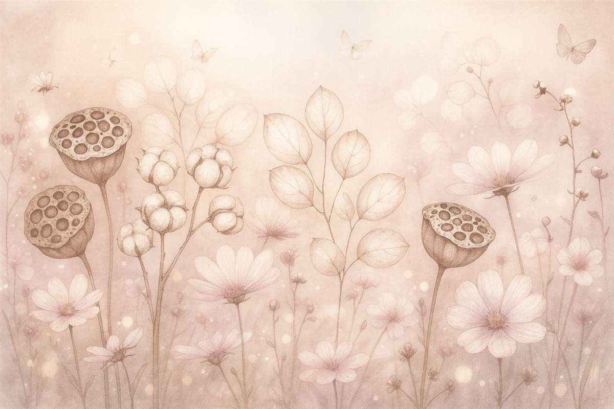 Fototapeta Ogród marzeń pełen kwiatów, motyl, kwiaty bawełniane, lilie wodne, odcienie różu.