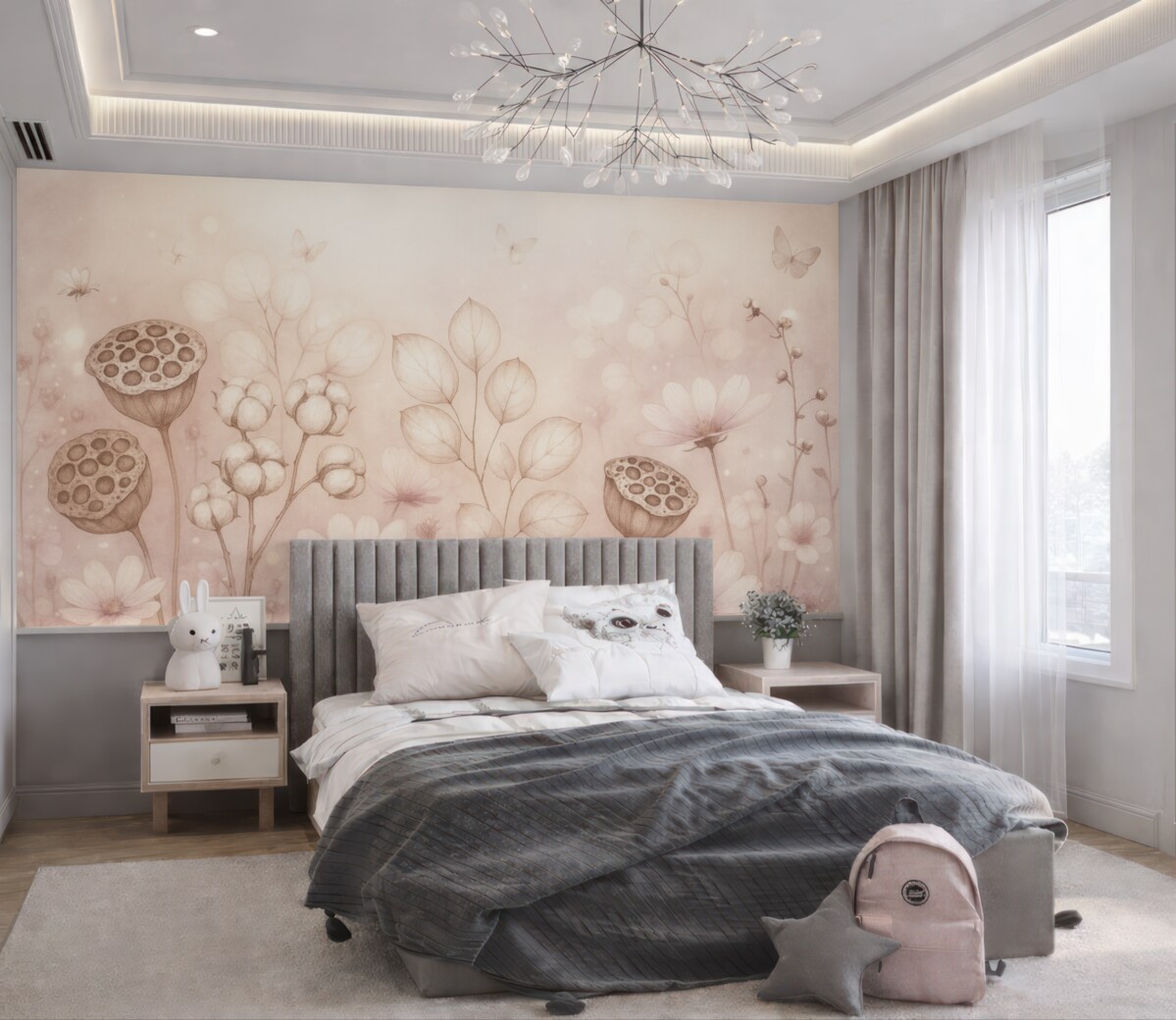 Fototapeta Ogród marzeń pełen kwiatów, motyl, kwiaty bawełniane, lilie wodne, odcienie różu.