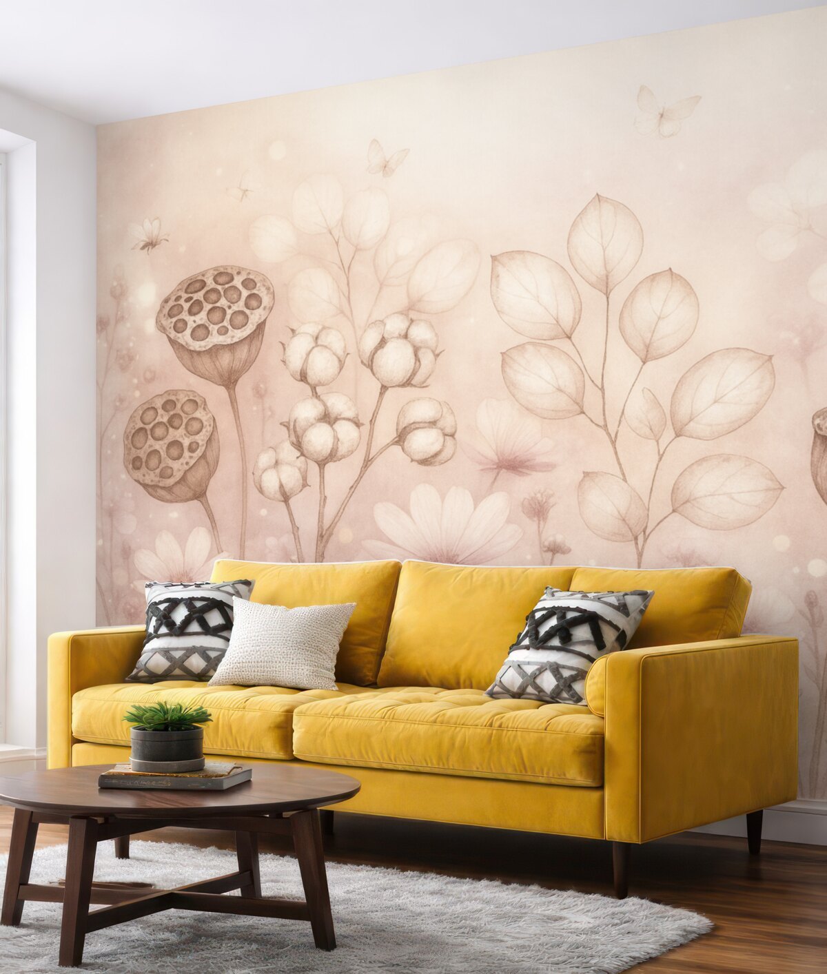 Fototapeta Ogród marzeń pełen kwiatów, motyl, kwiaty bawełniane, lilie wodne, odcienie różu.