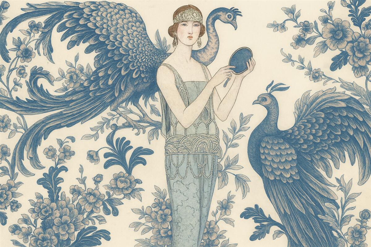 Fototapeta Stylowy kwiatowy motyw w stylu retro z kobietą w odcieniach niebieskiego i różowego.