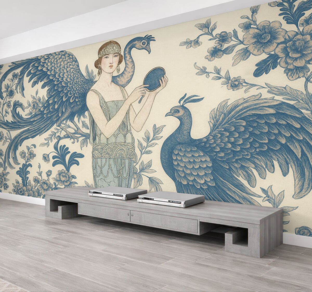 Fototapeta Stylowy kwiatowy motyw w stylu retro z kobietą w odcieniach niebieskiego i różowego.