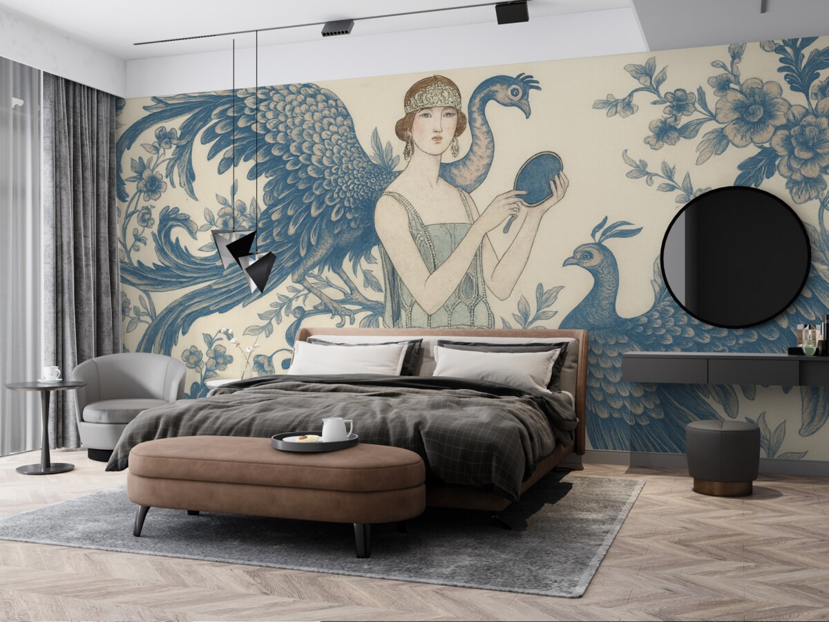 Fototapeta Stylowy kwiatowy motyw w stylu retro z kobietą w odcieniach niebieskiego i różowego.