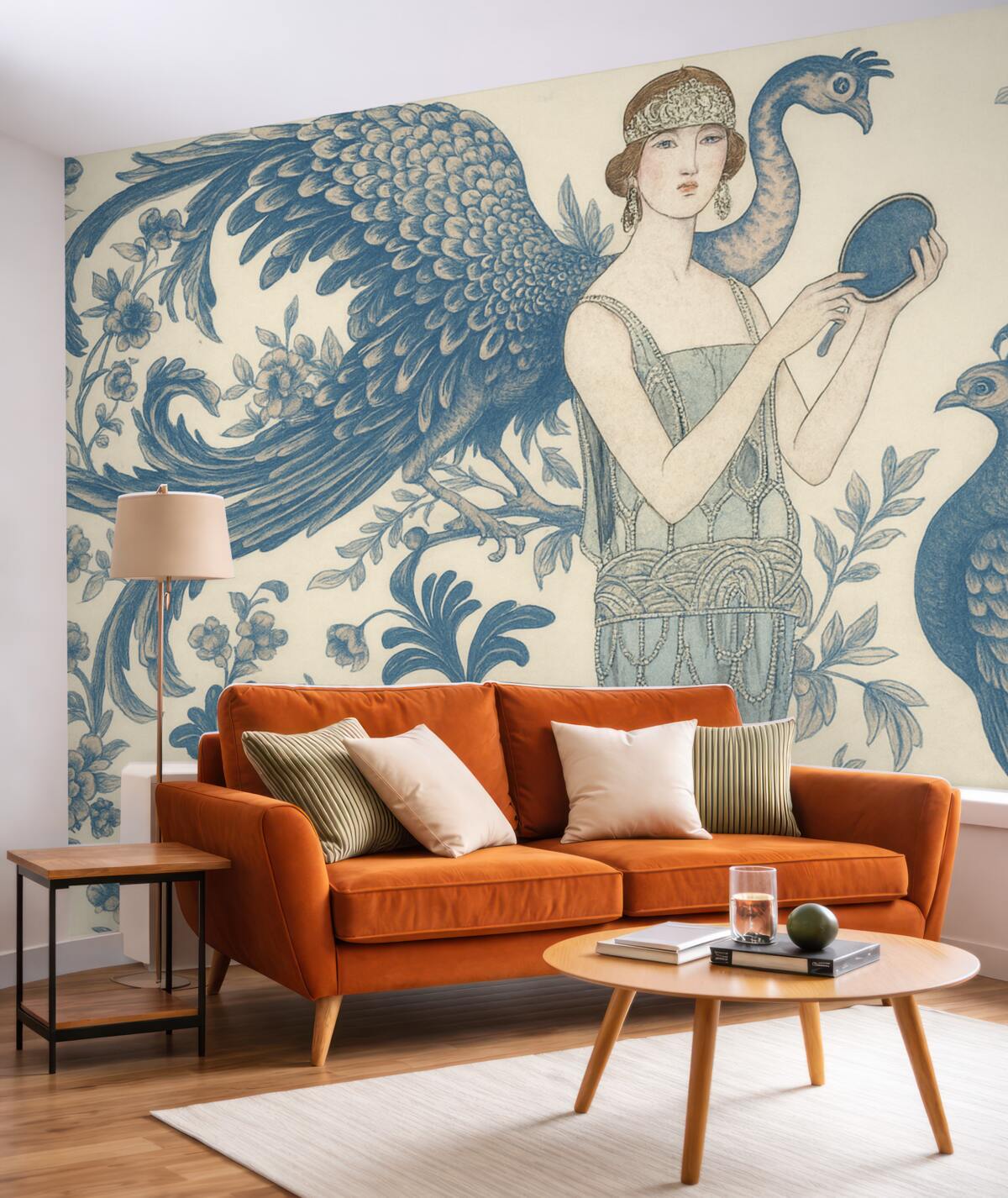 Fototapeta Stylowy kwiatowy motyw w stylu retro z kobietą w odcieniach niebieskiego i różowego.