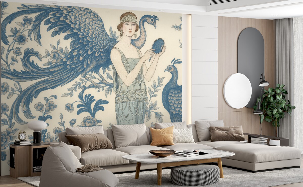 Fototapeta Stylowy kwiatowy motyw w stylu retro z kobietą w odcieniach niebieskiego i różowego.