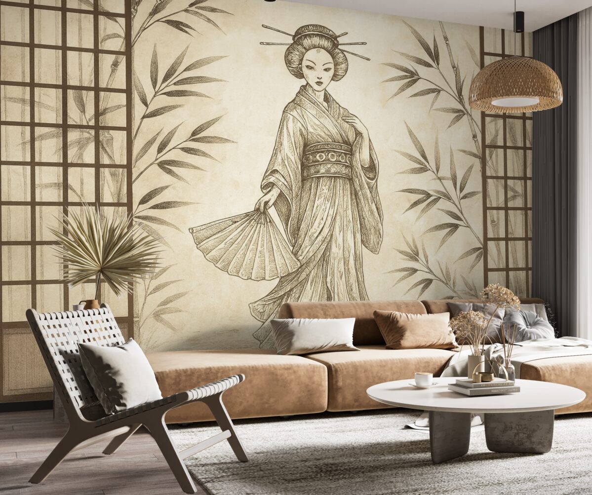 Fototapeta Zabytkowy budynek w azjatyckim stylu, młoda kobieta w tradycyjnym ubiorze, kwiaty wiśni, kwiaty wiśni, Shoji.