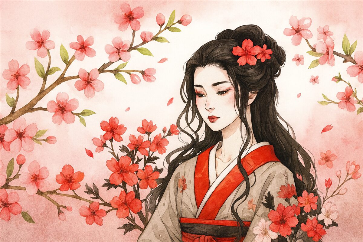Fototapeta Dziewczyna w klasycznym ubraniu i kwiaty sakury.