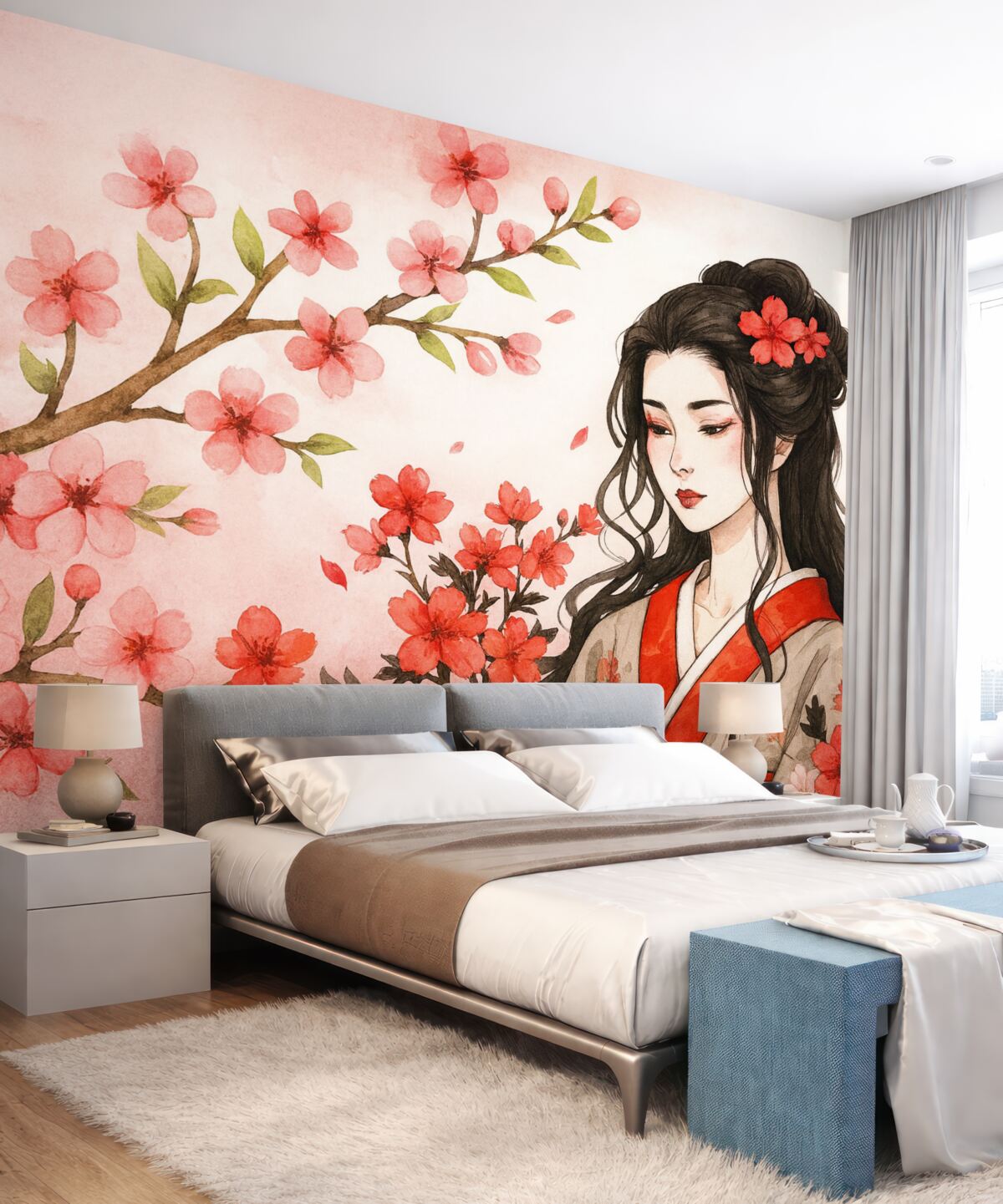 Fototapeta Dziewczyna w klasycznym ubraniu i kwiaty sakury.