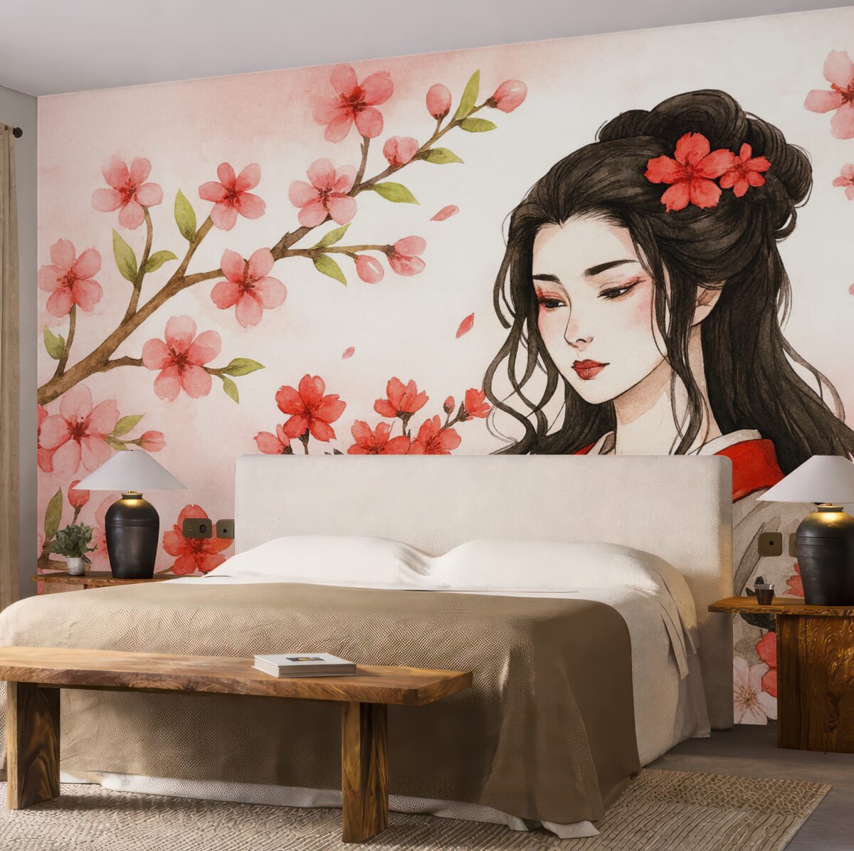 Fototapeta Dziewczyna w klasycznym ubraniu i kwiaty sakury.