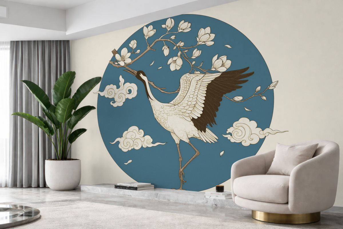 Fototapeta Rysunek w okręgu, kwiaty, chmury w stylu japońskim, żuraw, niebieski fragment.