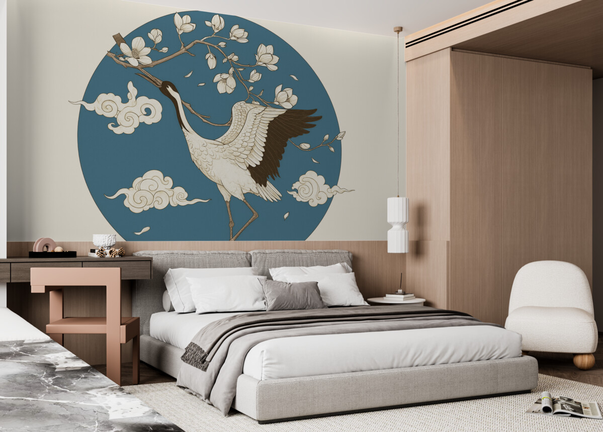 Fototapeta Rysunek w okręgu, kwiaty, chmury w stylu japońskim, żuraw, niebieski fragment.