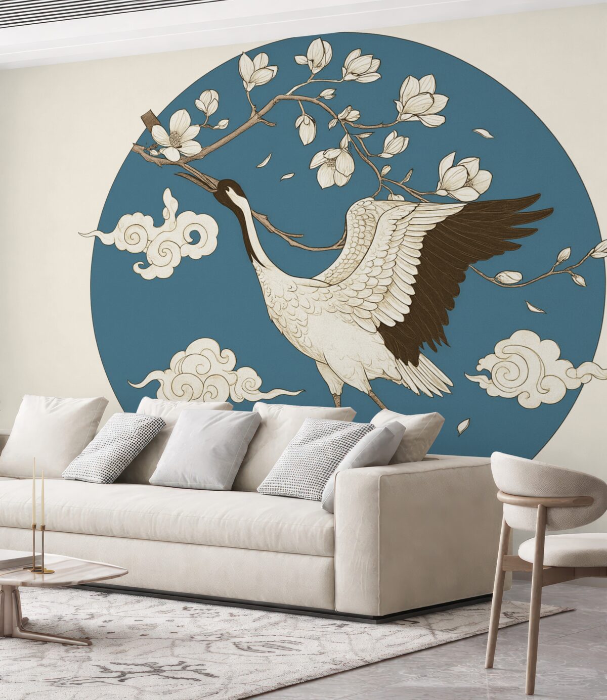 Fototapeta Rysunek w okręgu, kwiaty, chmury w stylu japońskim, żuraw, niebieski fragment.