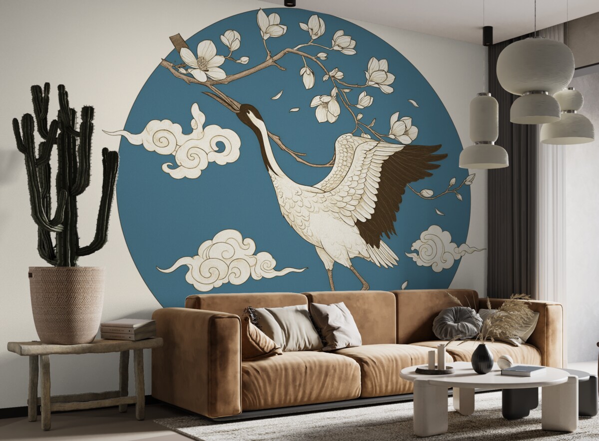 Fototapeta Rysunek w okręgu, kwiaty, chmury w stylu japońskim, żuraw, niebieski fragment.