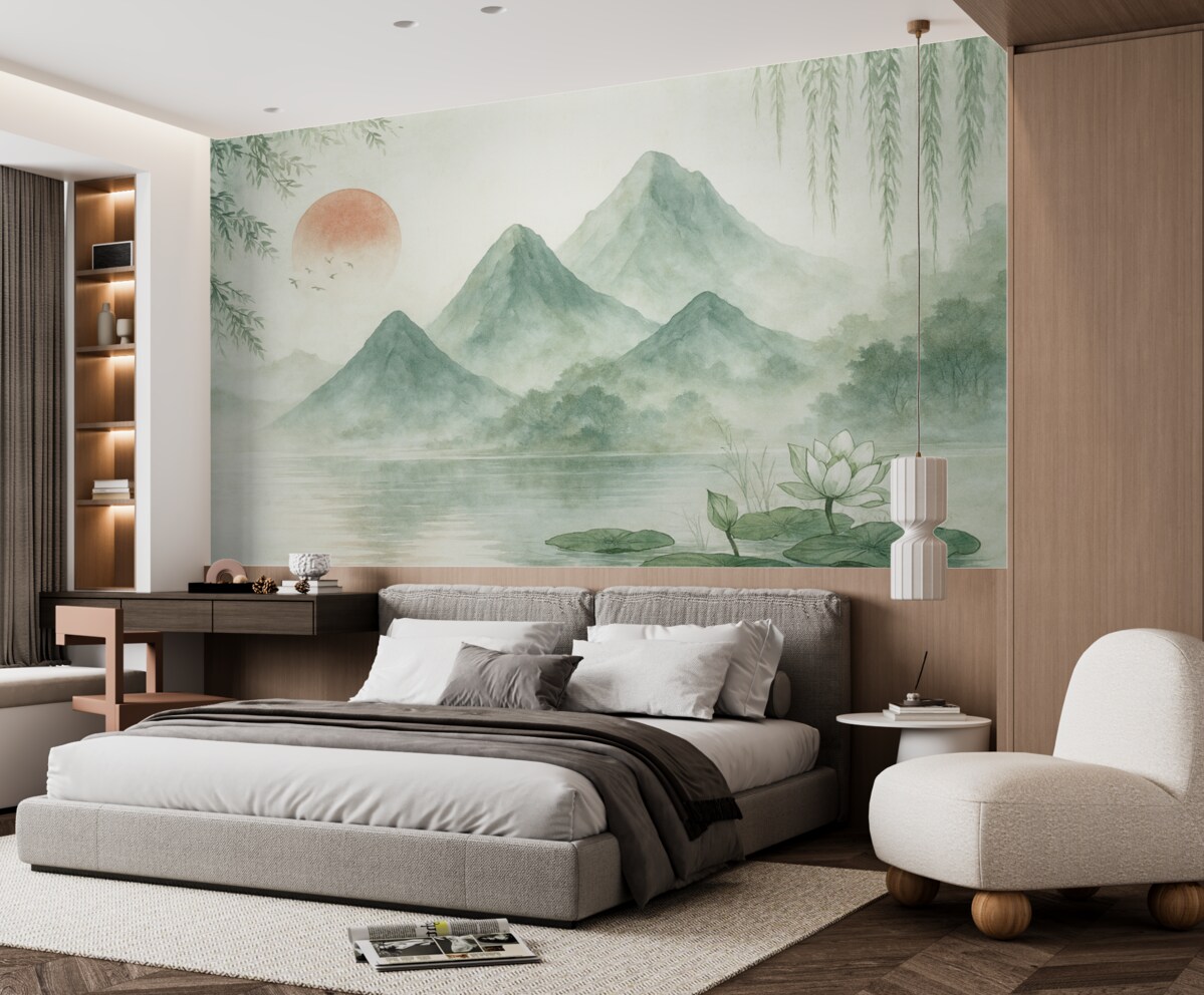 Fototapeta Świt, szczyty górskie i grzybienie.