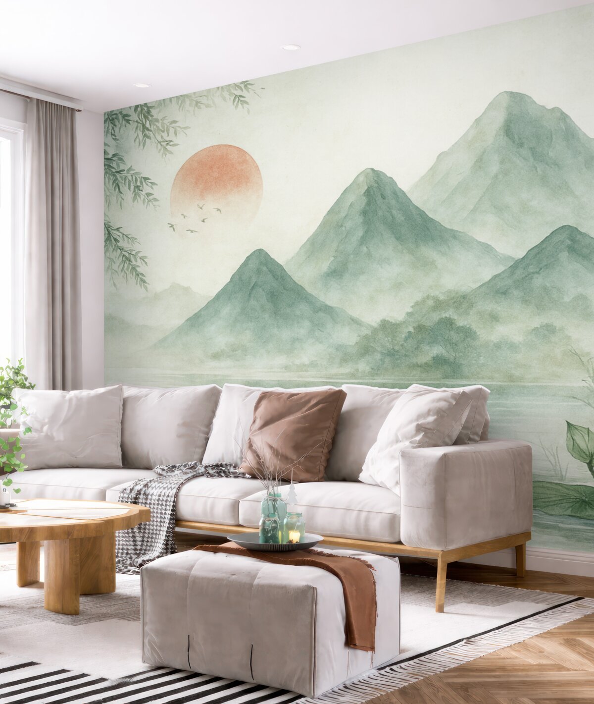 Fototapeta Świt, szczyty górskie i grzybienie.