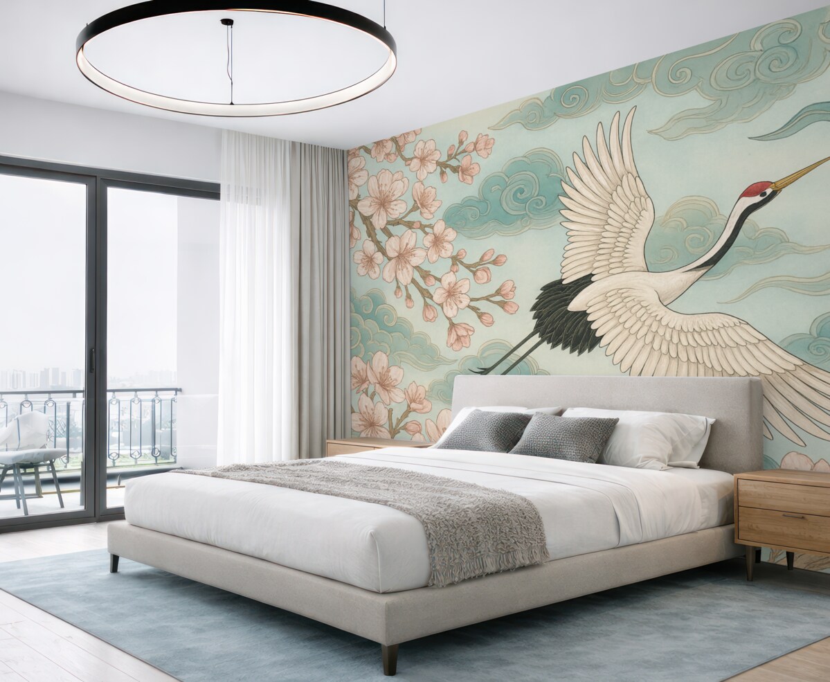 Fototapeta Żuraw, kwiaty, japońskie obłoki.