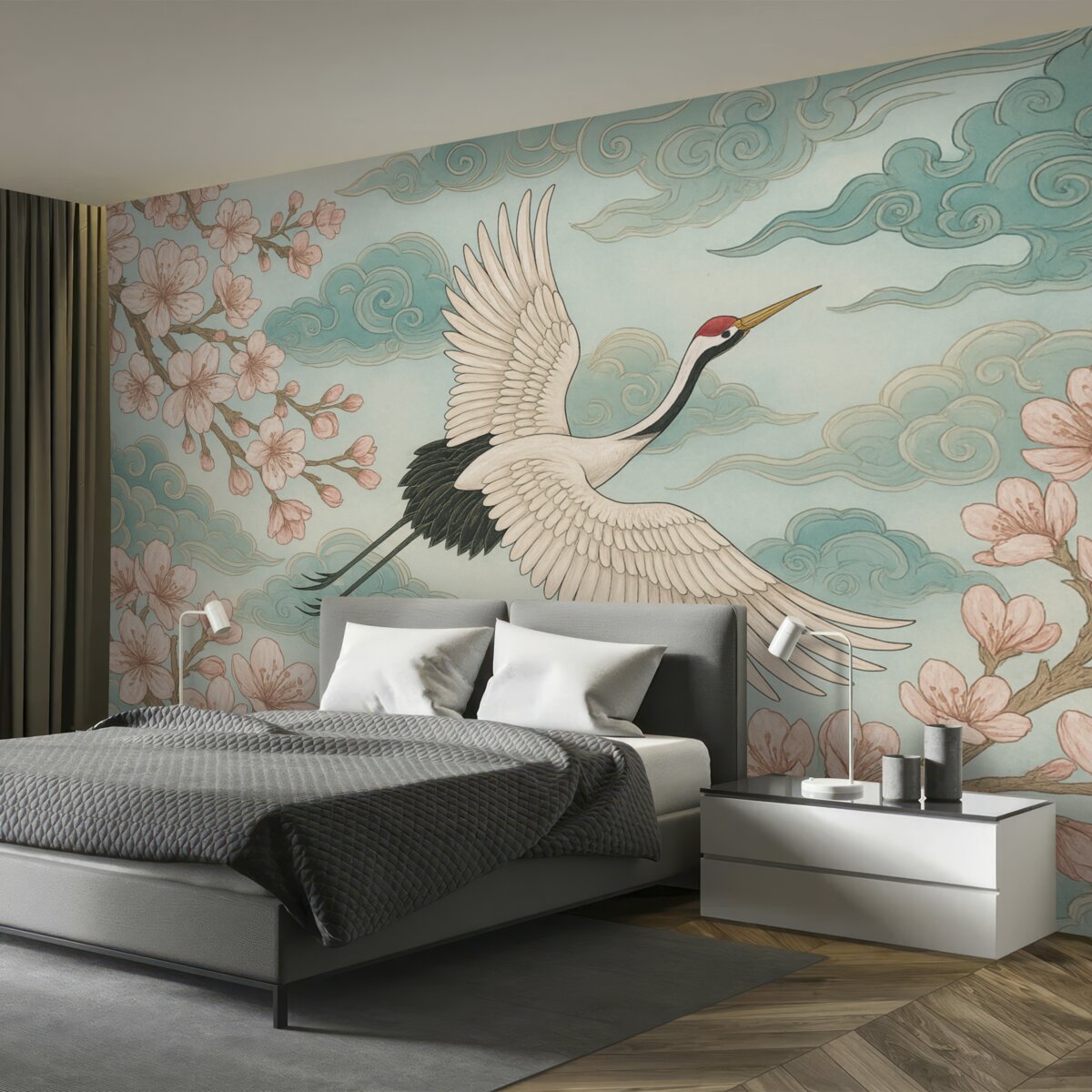 Fototapeta Żuraw, kwiaty, japońskie obłoki.